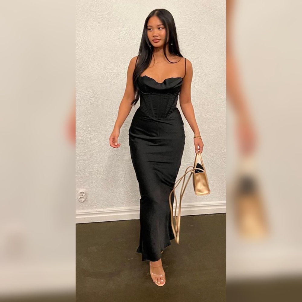 House of CB Black Satin Corset Maxi Dress with Straps